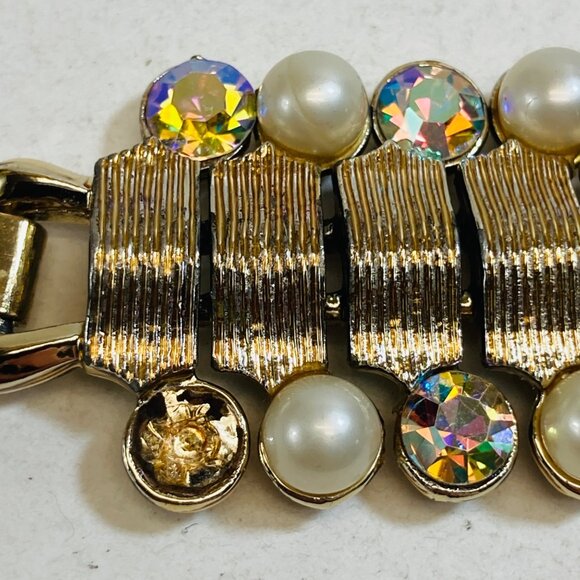 Vintage Coro Aurora Borealis Bracelet Rhinestone Faux Pearl Link Gold Flawed - Picture 3 of 9